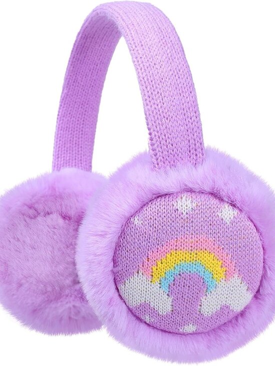 ⚡Kids Purple Knitted Rainbow Winter Outdoor Plush Adjustable Warm Ear Muffs - Picture 1 of 7